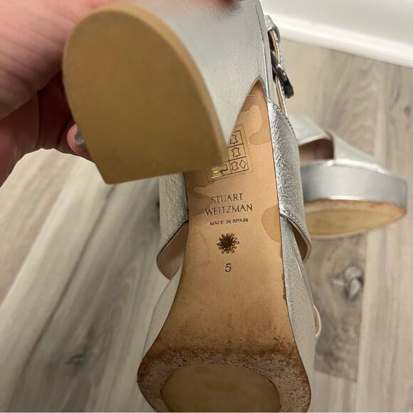 Stuart Weitzman Heels Women’s 5 Jerry Silver Leather Platform Sandals - Picture 5 of 6